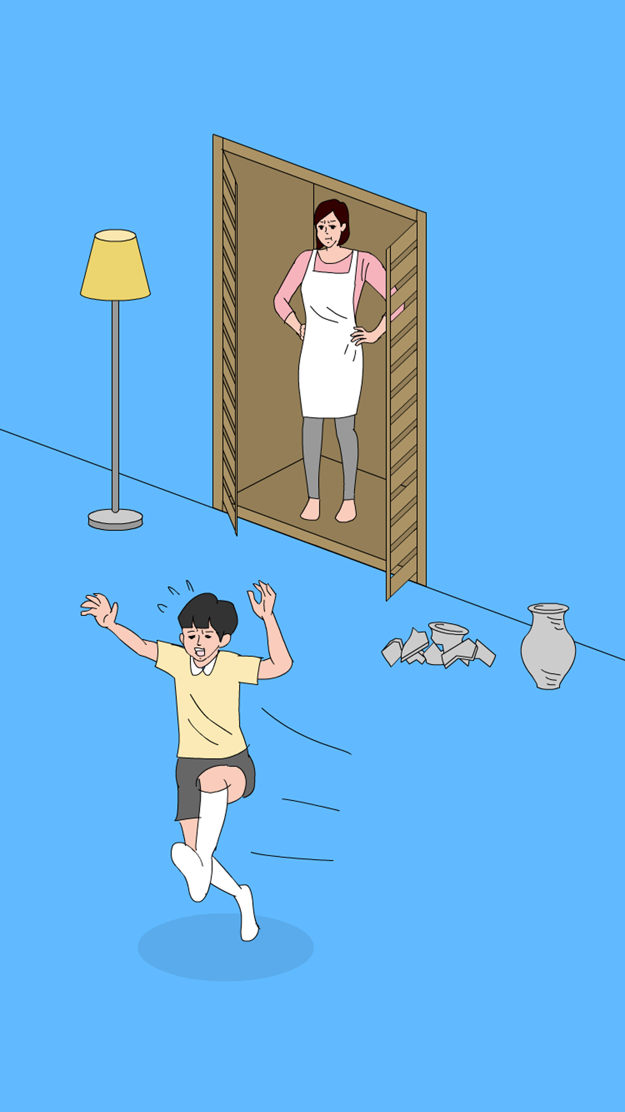 クローゼットの中から現れた母親に気づかれそうになる少年