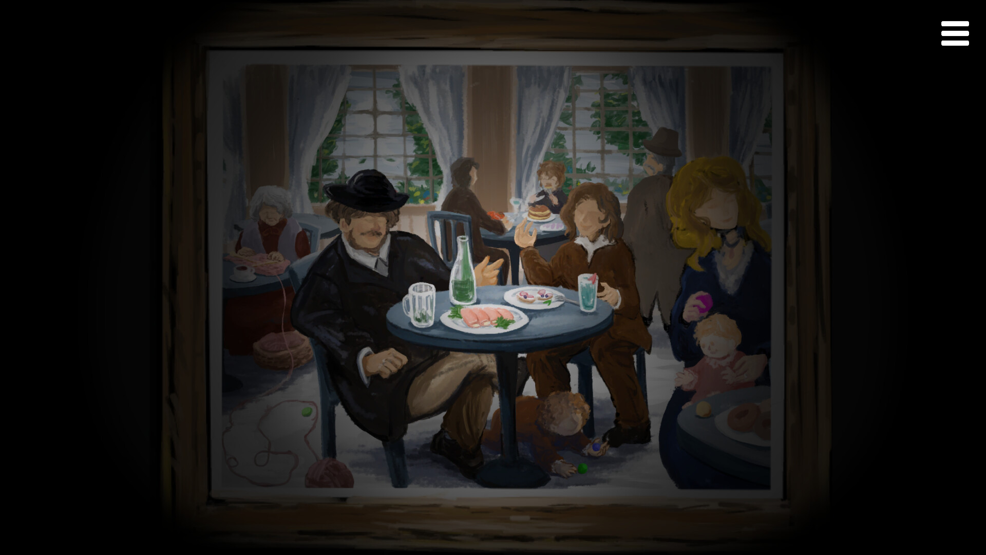 まつろぱれっと 食卓を囲む家族の絵にフルカラーで彩色し終えたゲーム画面