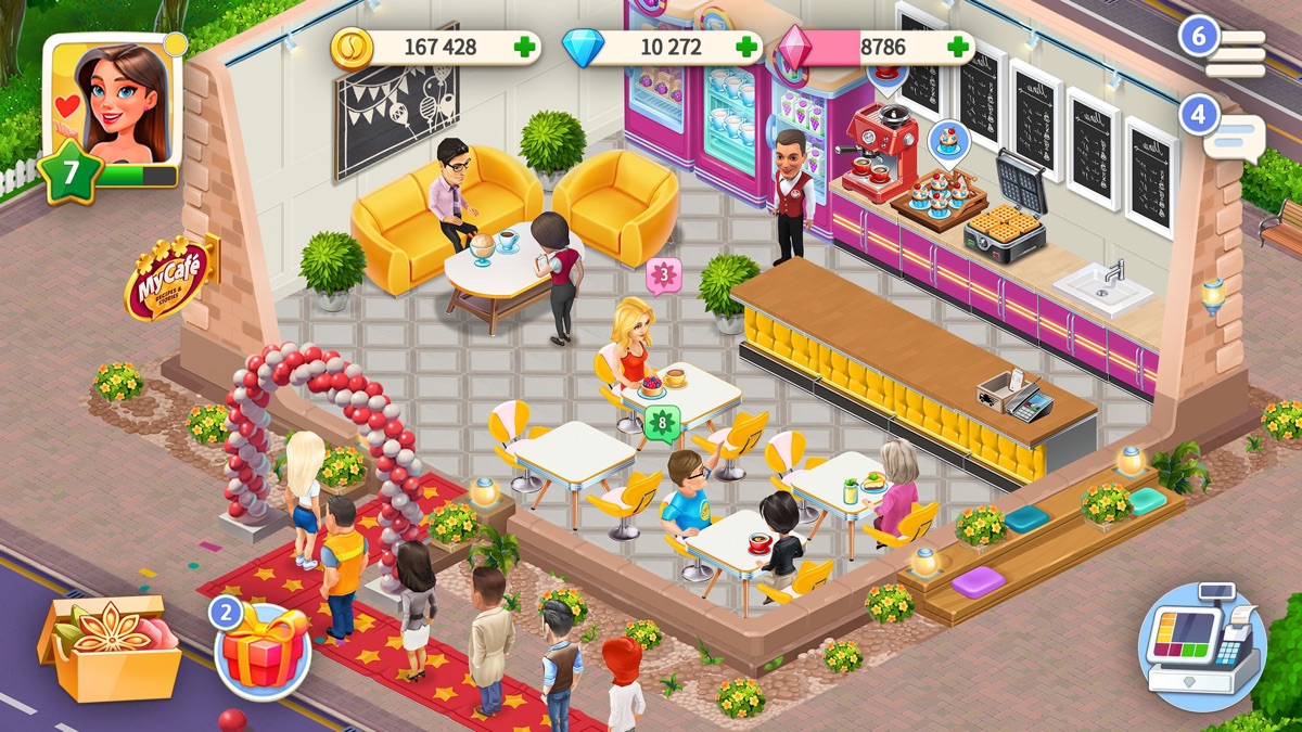 赤いカーペットと風船アーチが飾られたフェスティバルイベント中のカフェ店内を写した実際のゲーム画面