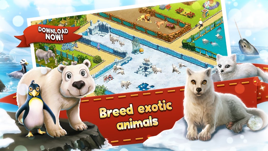 ホッキョクグマやアザラシなど雪と氷のエリアで暮らす動物たちのゲーム画面