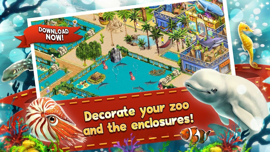 イルカやサメが泳ぐ水族館エリアの装飾されたゲーム画面