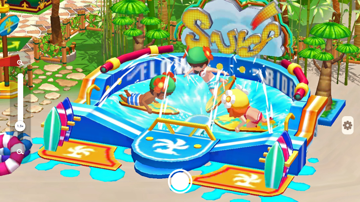 サーフィンのミニゲーム施設で遊ぶキャラクターたちの画面