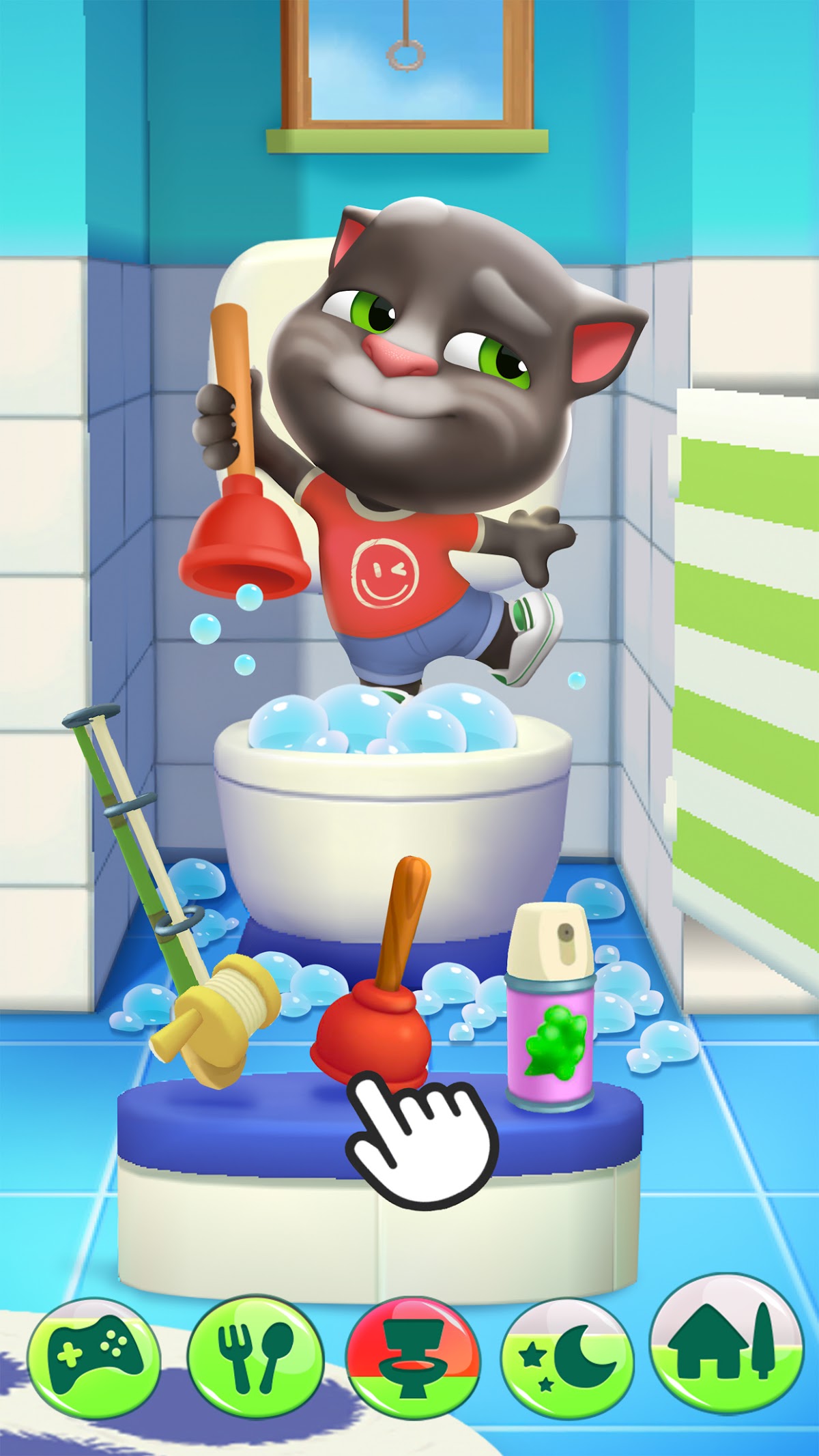 トムがトイレ掃除をしているお世話パートのゲーム画面