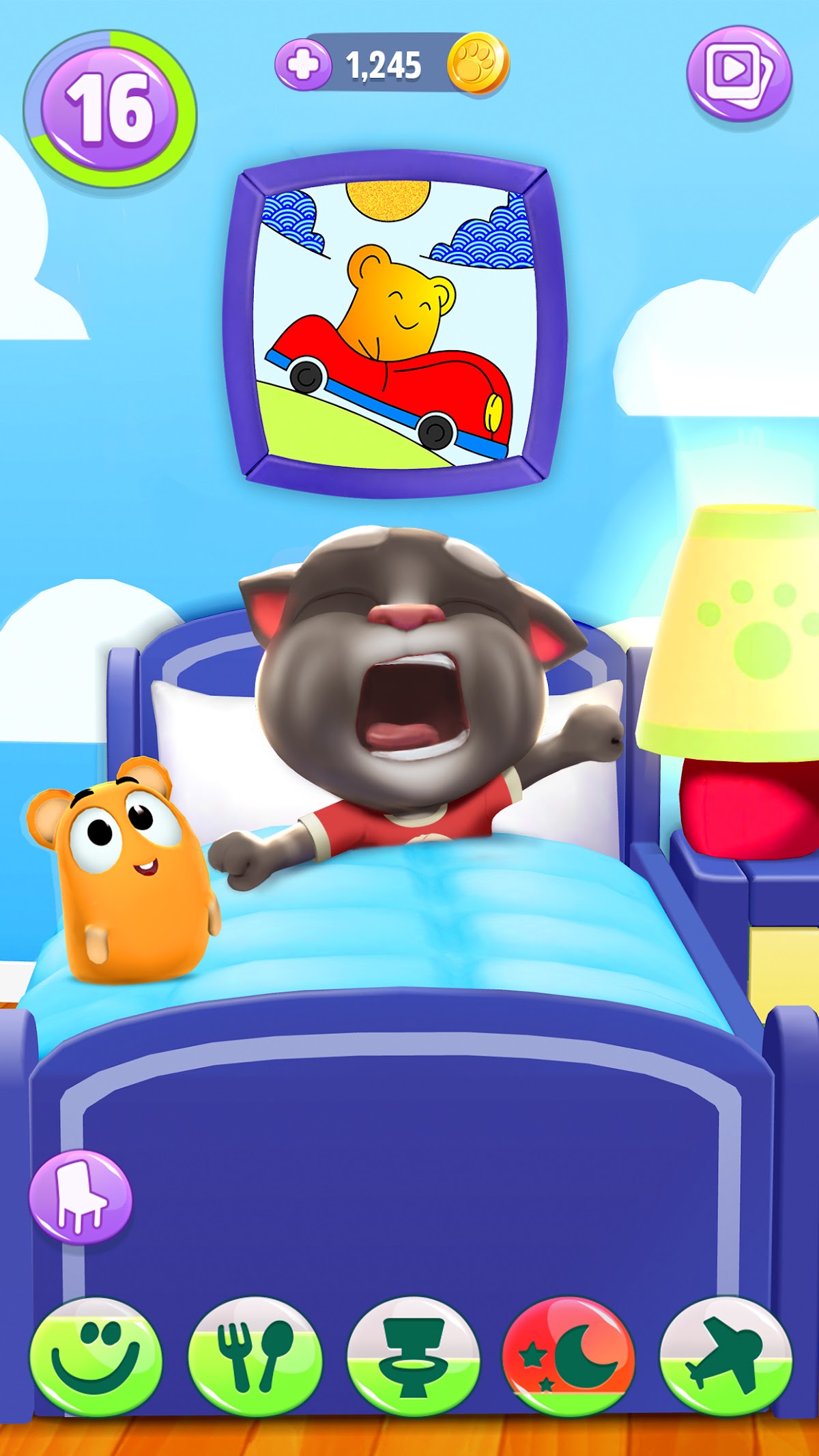 あくびをしながらベッドで眠るトムの寝かしつけシーンのゲーム画面