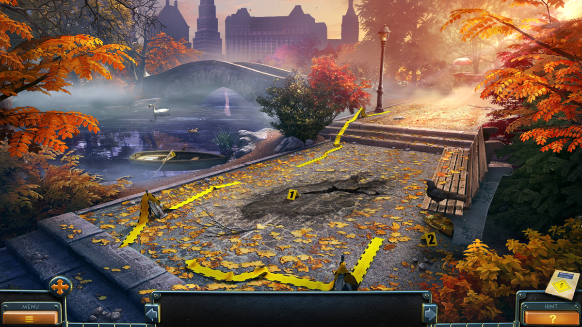 紅葉のセントラルパークに残る事件現場。証拠マーカーと立入禁止テープが張られたゲーム画面