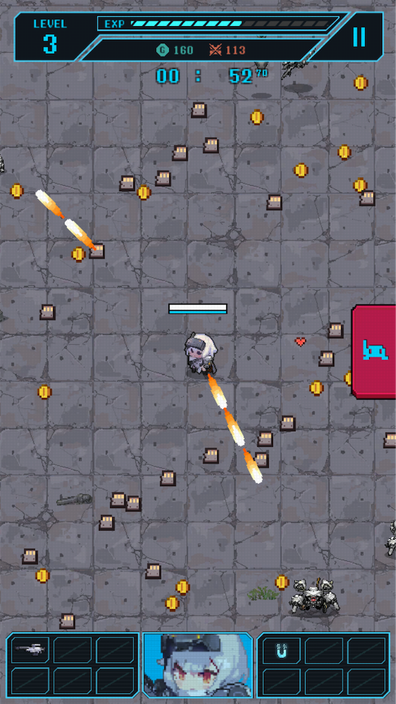 ドット絵風のミニゲーム画面。コインを集めながら敵を避けて進むステージ
