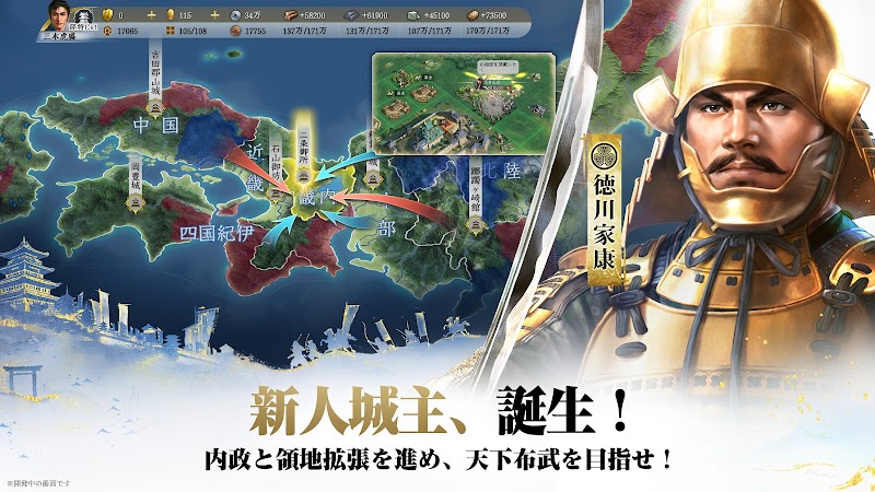 徳川家康のイラストと日本地図の内政マップ、「新人城主、誕生！内政と領地拡張を進め、天下布武を目指せ」の紹介画面