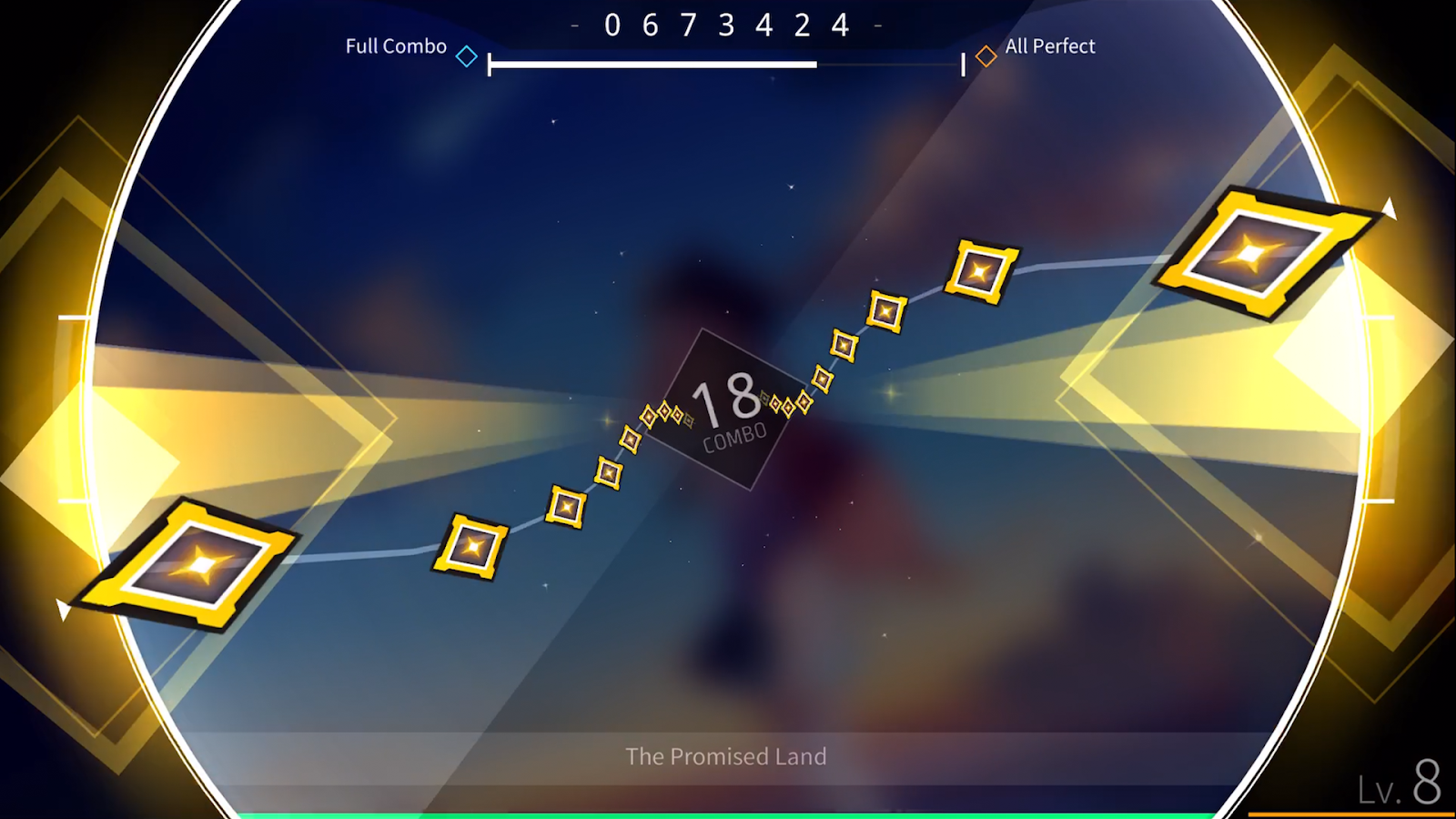 楽曲『The Promised Land』のリザルト画面。Full ComboとAll Perfectのゲージが並ぶ結果表示