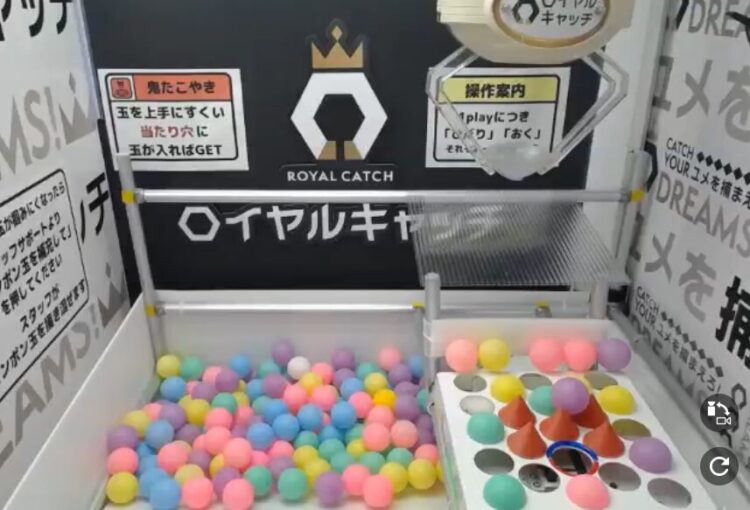 鬼たこやき台の選択画面。カラーボールが敷き詰められた台の中にロイヤルキャッチのロゴが見える