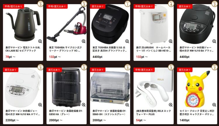 ロイヤルキャッチの家電製品ジャンルの景品一覧。電気ケトルや掃除機、炊飯器、食器乾燥機などが並ぶ