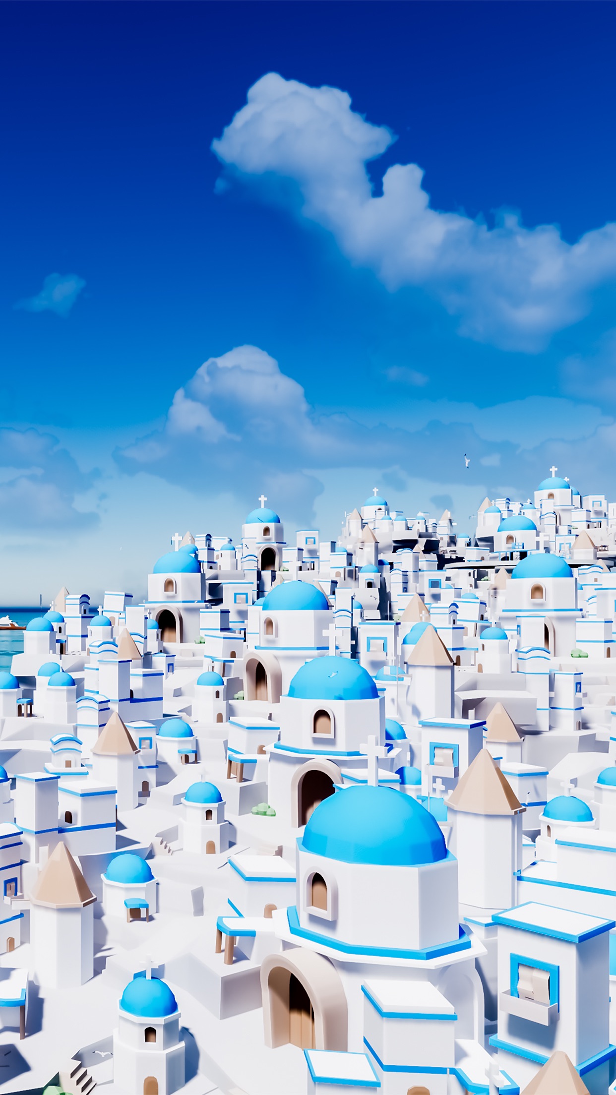 青いドーム屋根の教会が連なるサントリーニの街並みを空から見た3Dグラフィック画面
