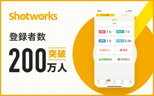 ショットワークス ホーム画面(かんたん検索/こだわり検索タブ、明日1日・日払い等のクイックボタン、下部ナビ)公式プレスリリース素材