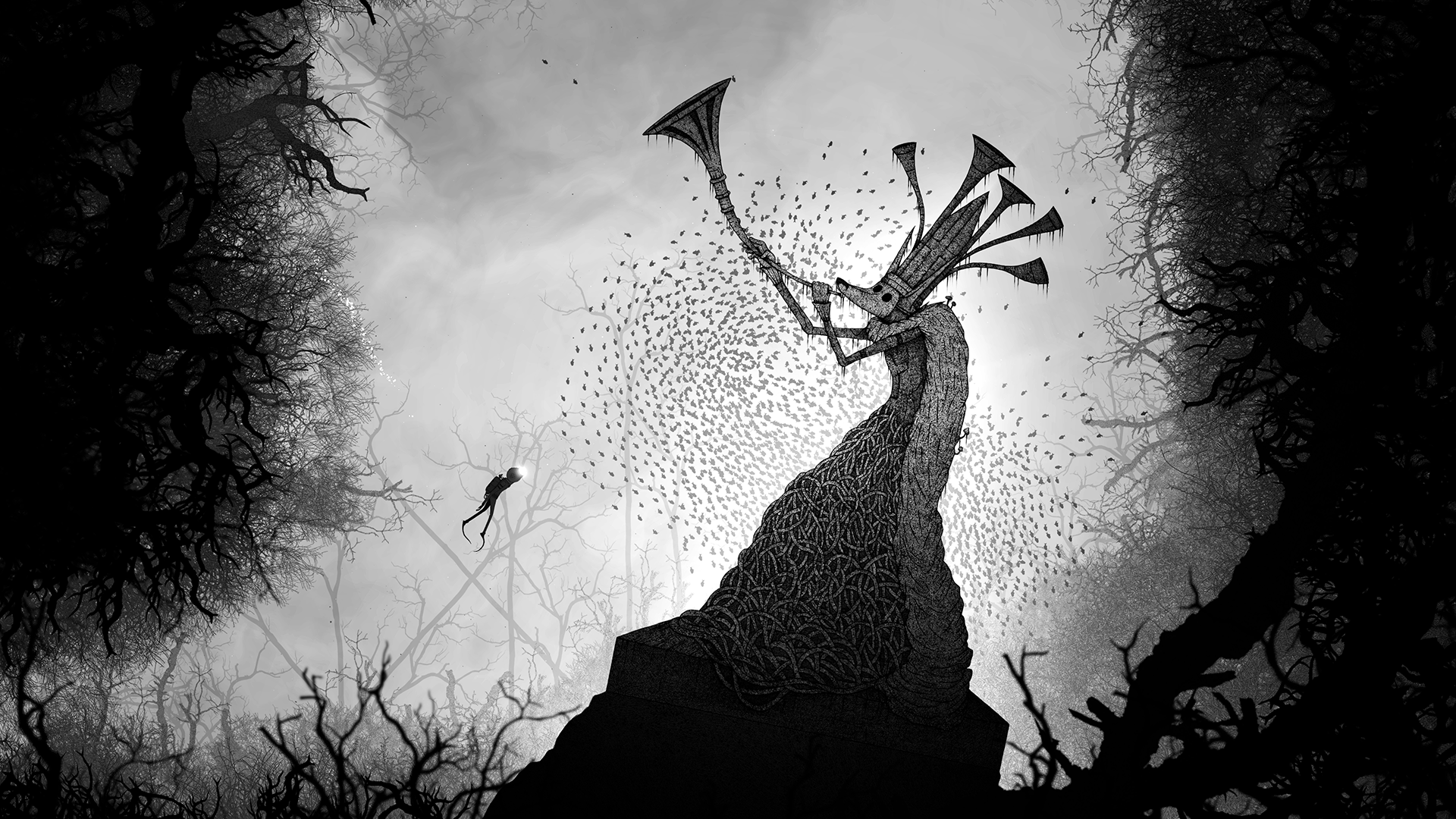 ラッパのような角を持つ巨大な像と、群れをなして飛ぶ生物、小さく見えるダイバーが描かれたゲーム画面