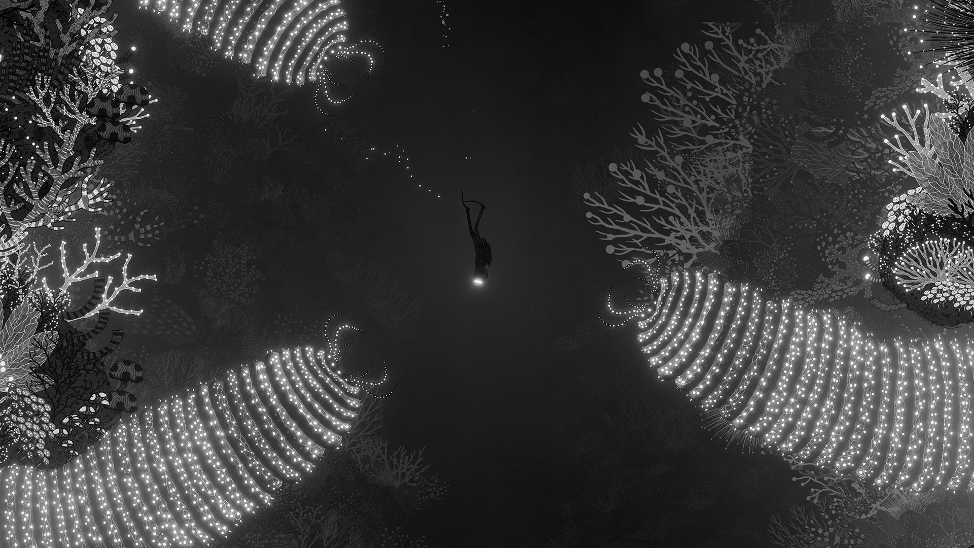 光る珊瑚やイソギンチャクのような生物に囲まれた中央を、まっすぐ潜っていくダイバーのゲーム画面