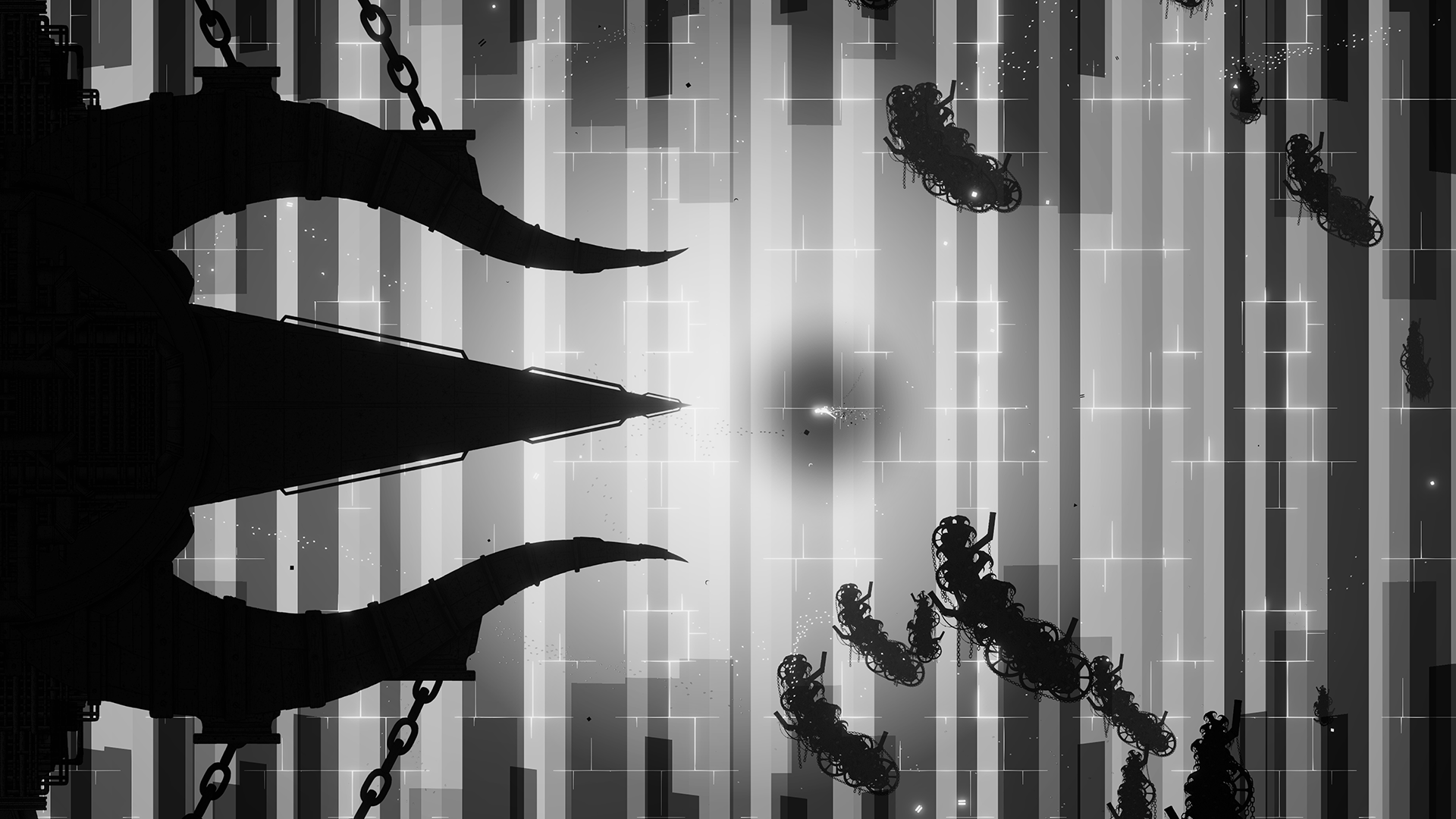 鎖でつながれた歯車状の生物や機械のような構造物が連なる、不思議なエリアのゲーム画面