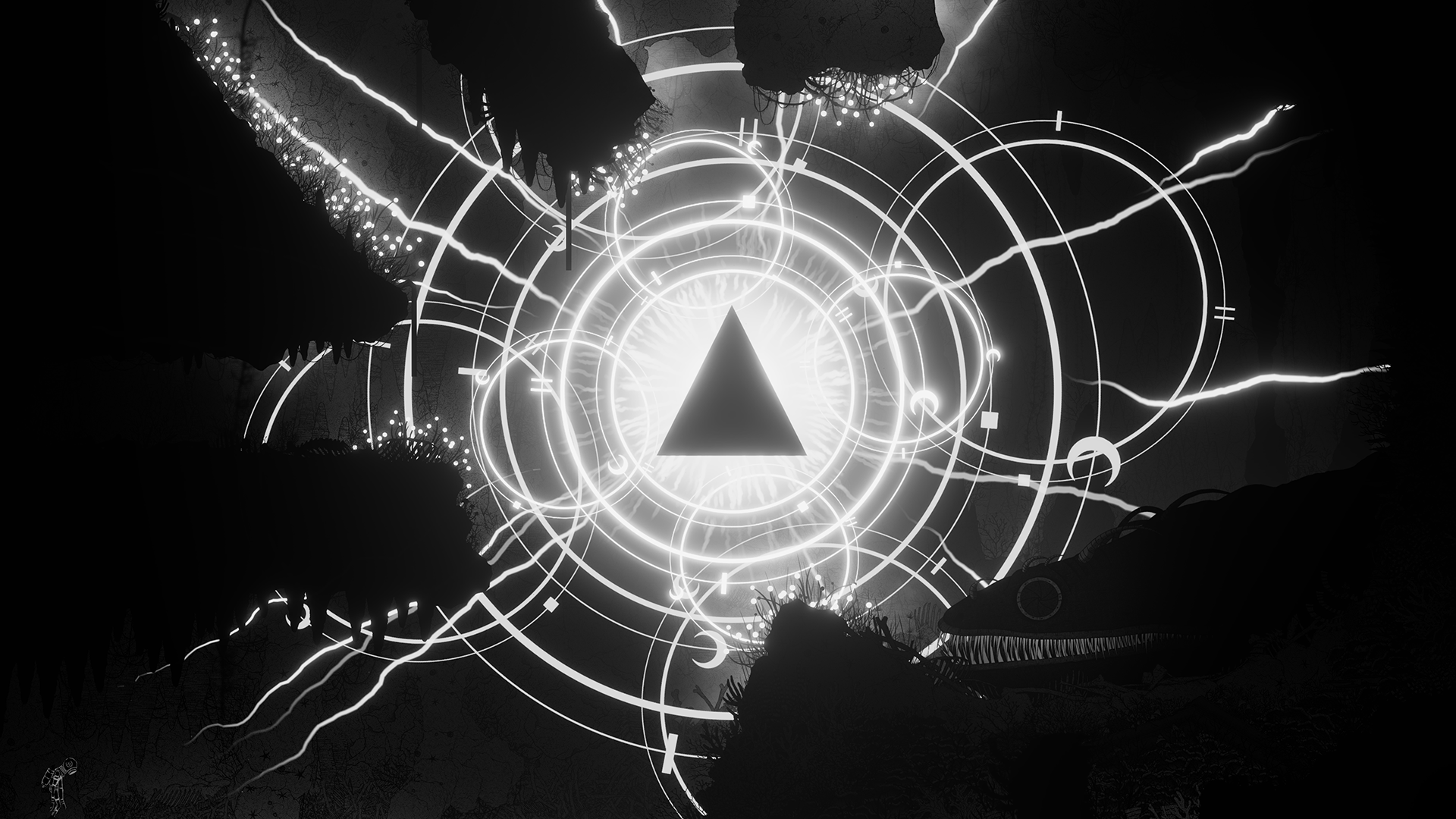 三角形と複数の光る円が組み合わさった、儀式的な装置のようなものが輝くゲーム画面