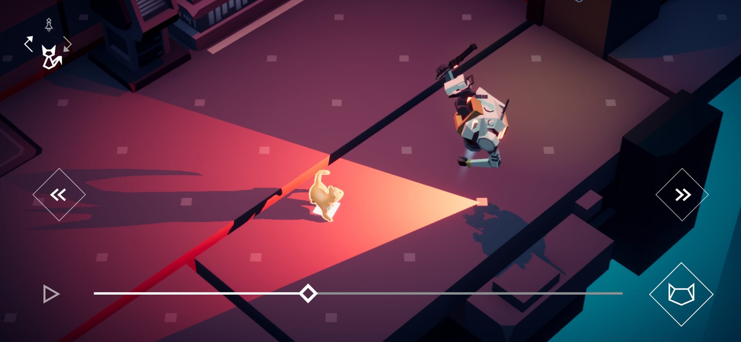 見張りロボットのサーチライトを避けて猫がしゃがみ隠れるTimelieのゲーム画面