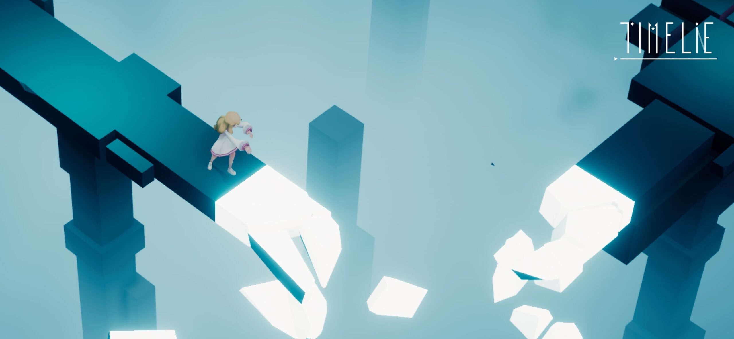 抽象的な白い足場が浮かぶ幻想的なエリアを少女が歩くTimelieのゲーム画面