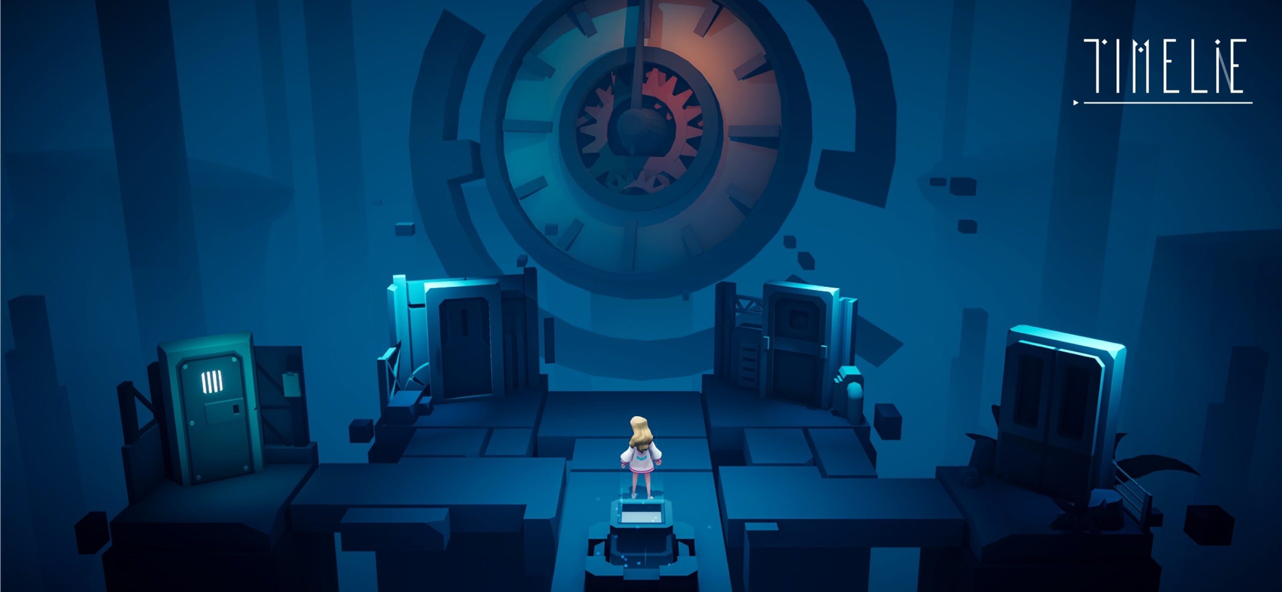 巨大な時計仕掛けの扉の前に立つ少女、Timelieの世界観を表すゲーム画面