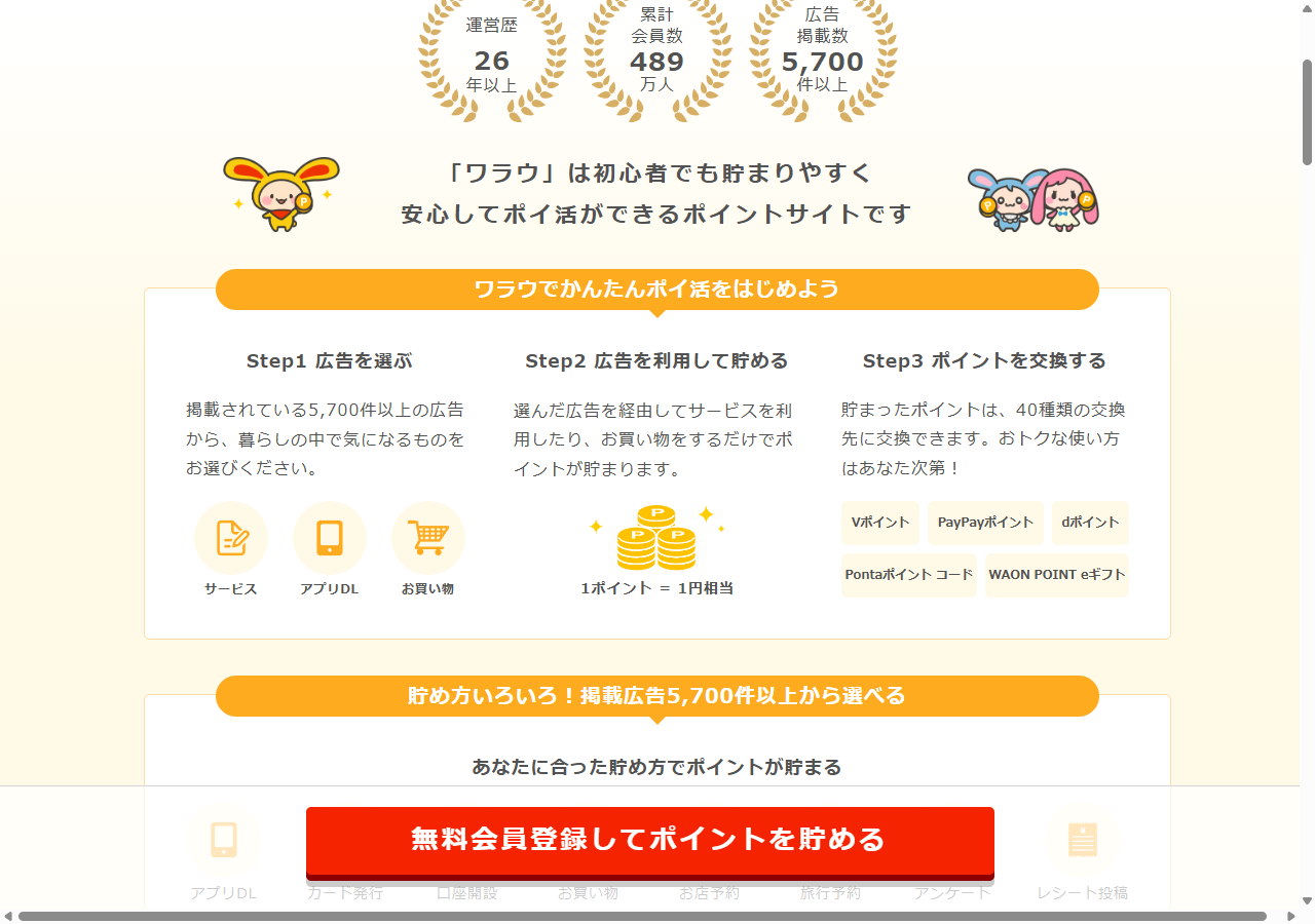 広告を選ぶ、利用して貯める、ポイントを交換するの3ステップと、1ポイント=1円相当・交換先の案内画面
