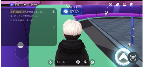 ZEPETOワールド内のチャット交流画面。参加者の名前とチャットログが表示されている